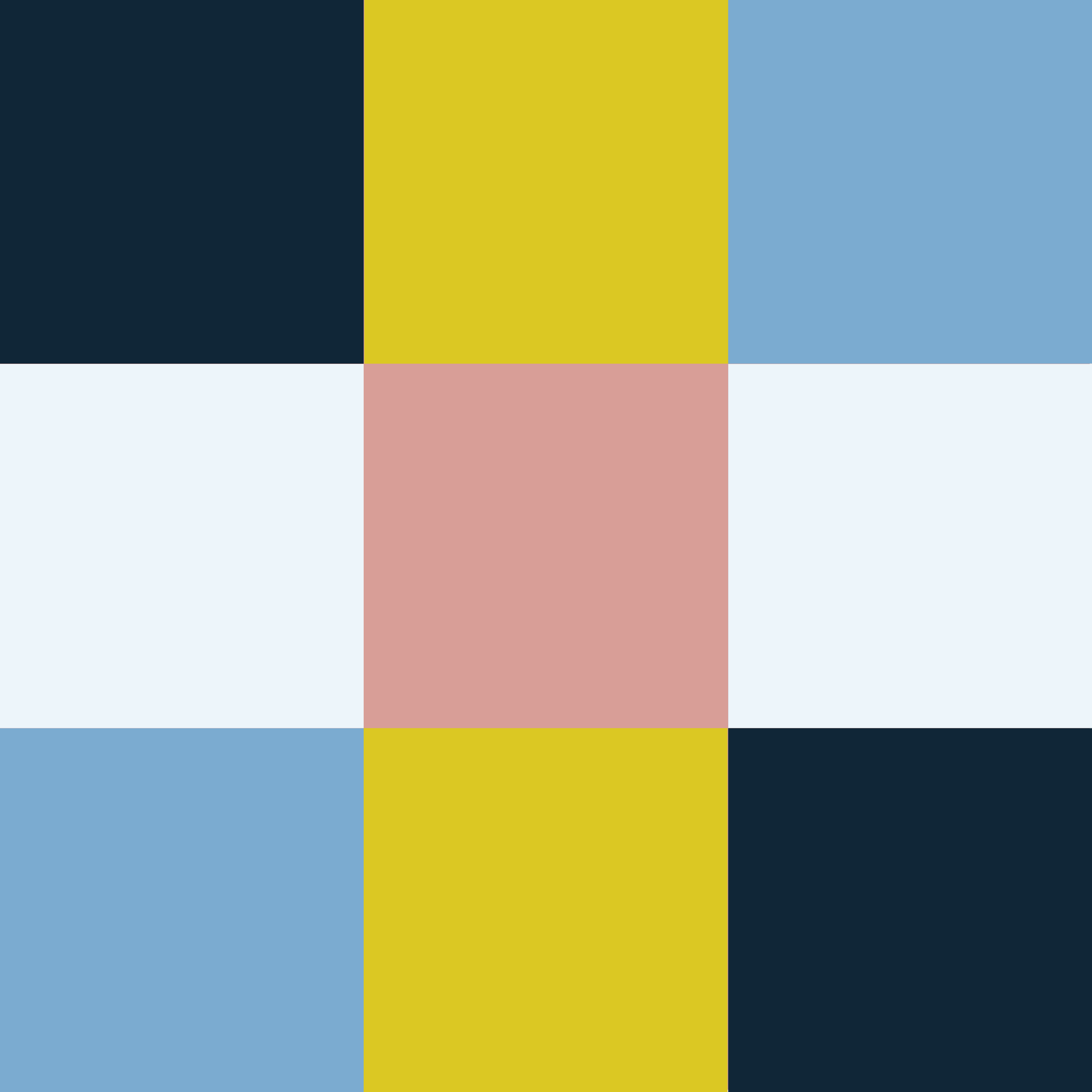 An abstract art piece featuring a grid of rectangles in various colors including navy blue, yellow, light blue, gray, and pink.