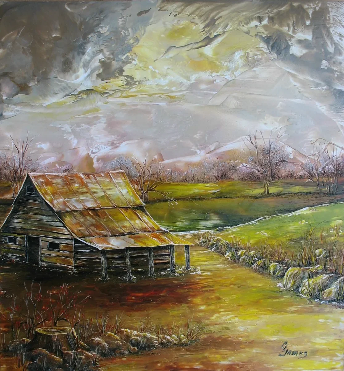 The old barn with weathered tin roof are a reflection of gentler, more settled times. A threatening sky forewarns of a less predictable future.