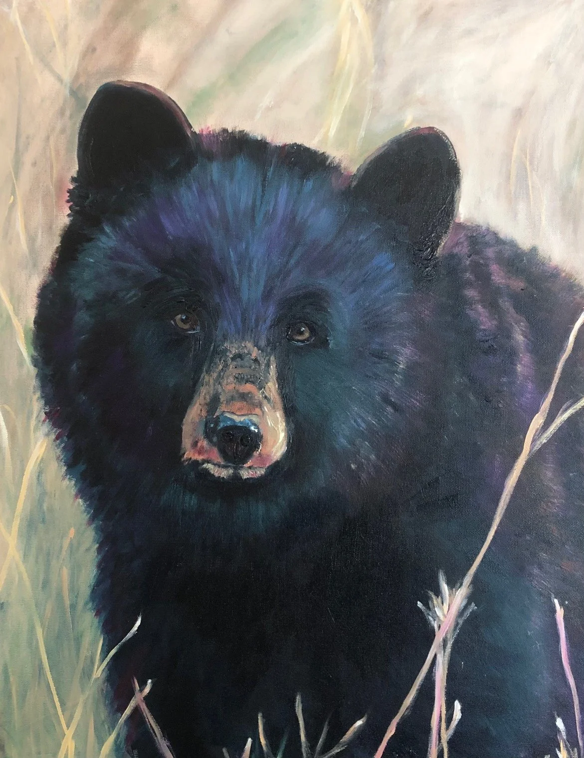 Painting of a mama Black Bear in the fall grass