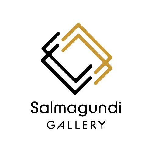 Logo for Salmagundi Gallery featuring three overlapping geometric shapes in black and gold, with the gallery name beneath.