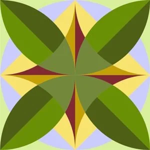 Symmetrical geometric pattern with green leaves, yellow, and maroon accents in a kaleidoscope-like design.