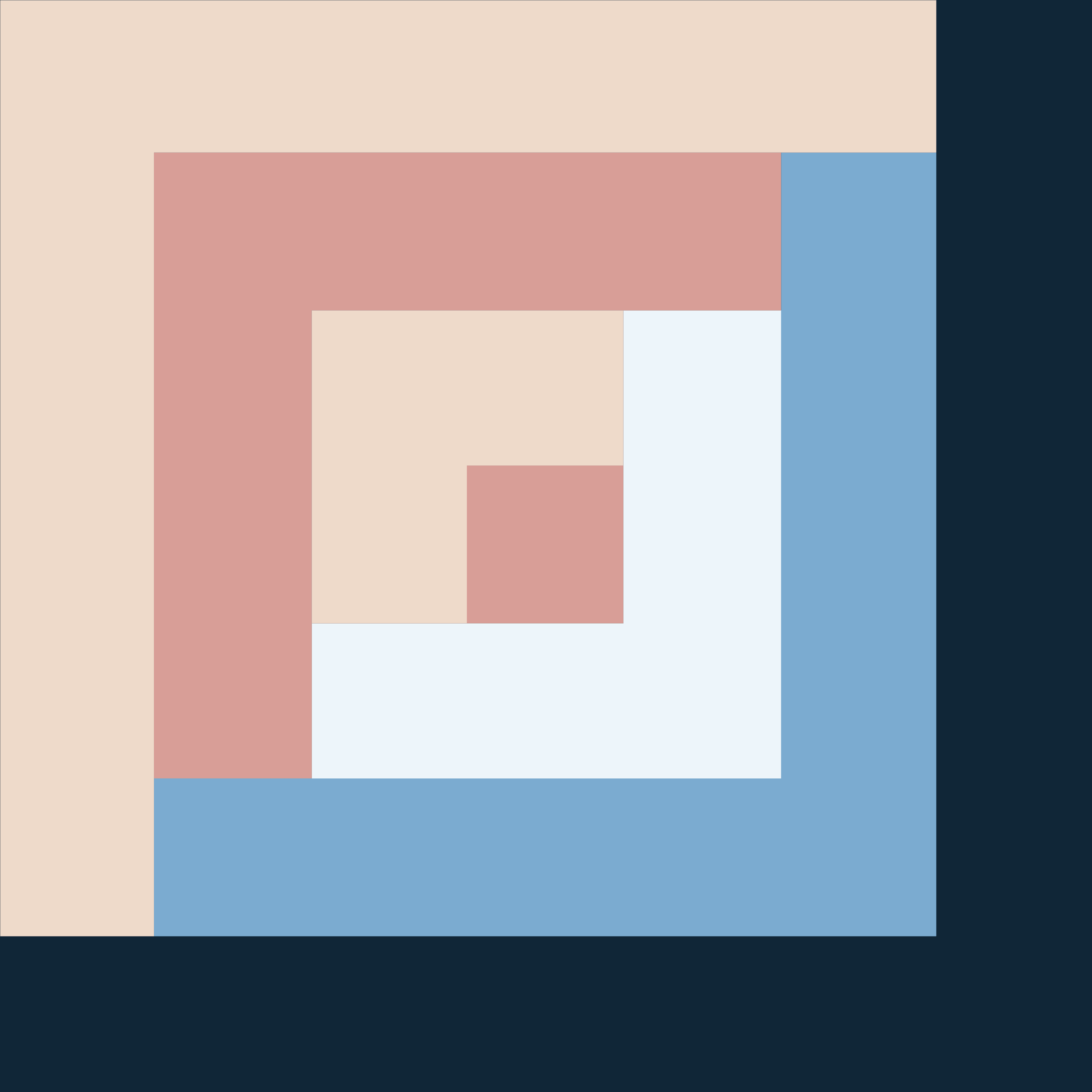 An abstract digital artwork featuring overlapping rectangular shapes in shades of beige, light pink, blue, and dark blue, arranged in a layered composition.
