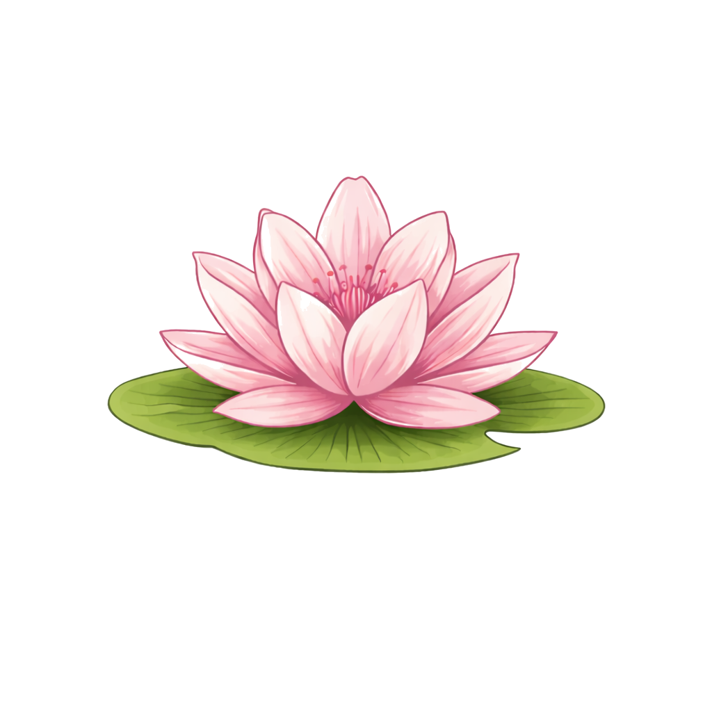 Pink lotus flower with green lily pad on water