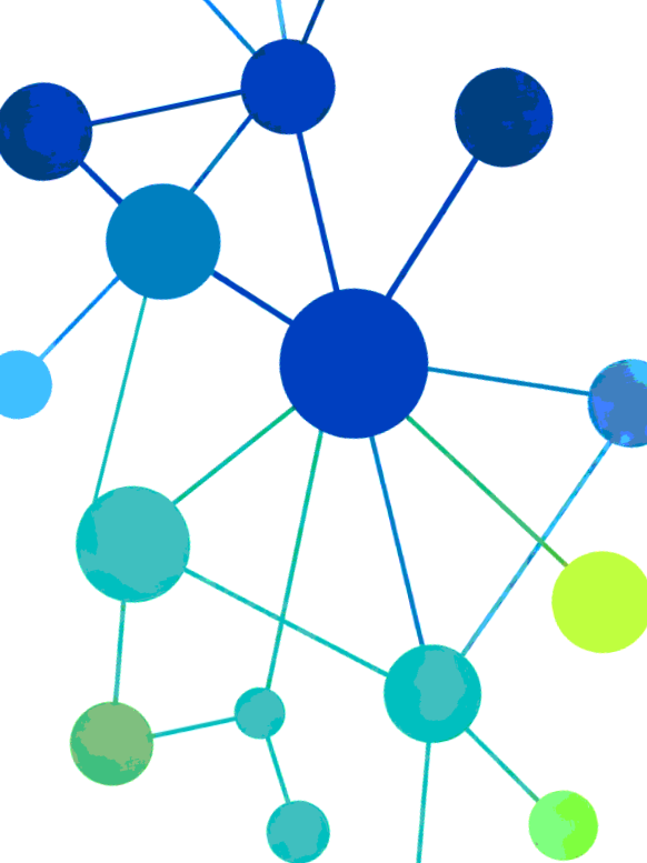 Colorful network diagram with interconnected nodes of various sizes in shades of blue, green, and teal.
