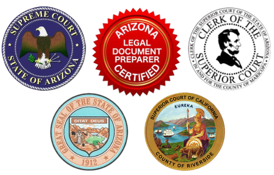 Six official seals and badges, including the Supreme Court of Arizona, Arizona legal document preparer certification, Superior Court of the State of Arizona, City of Tucson seal, and Superior Court of California, County of Riverside.