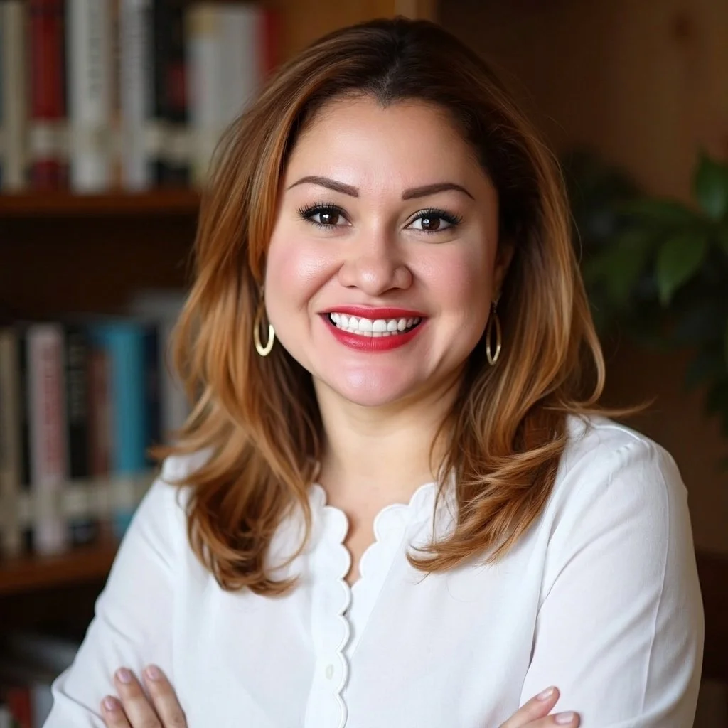 A woman with shoulder-length auburn hair, smiling, wearing a white blouse and hoop earrings, standing in a room with bookshelves and a plant in the background.