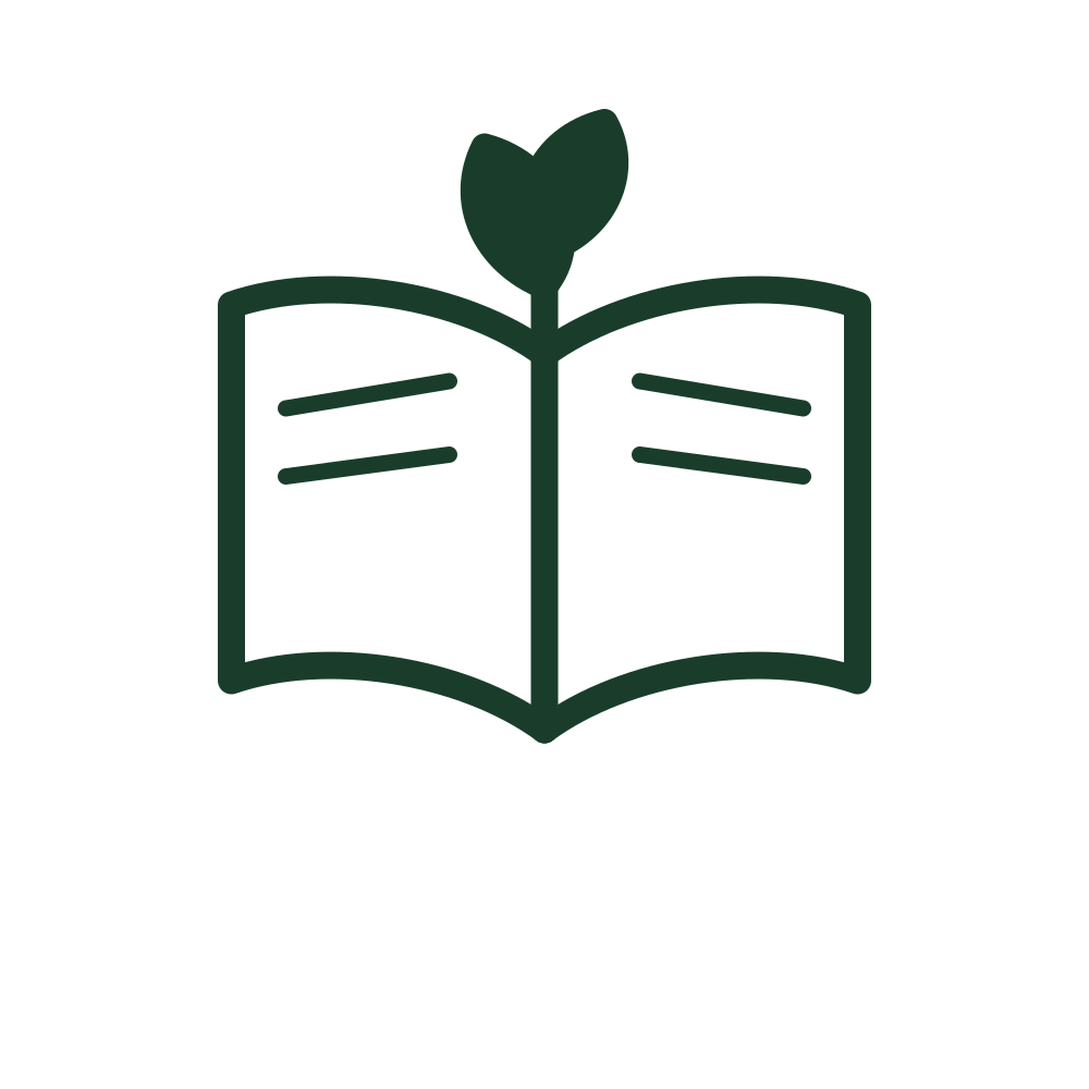 An open book with a sprouting seedling emerging from its center.