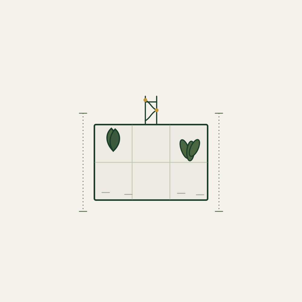 Illustration of a square planter with two green leafy plants, a pulley system on top, and measurement indicators around the planter.