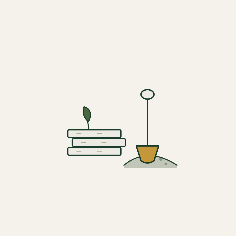 Simple line drawing of a small plant on a stack of three books and a potted plant with a stick and a circle on top.
