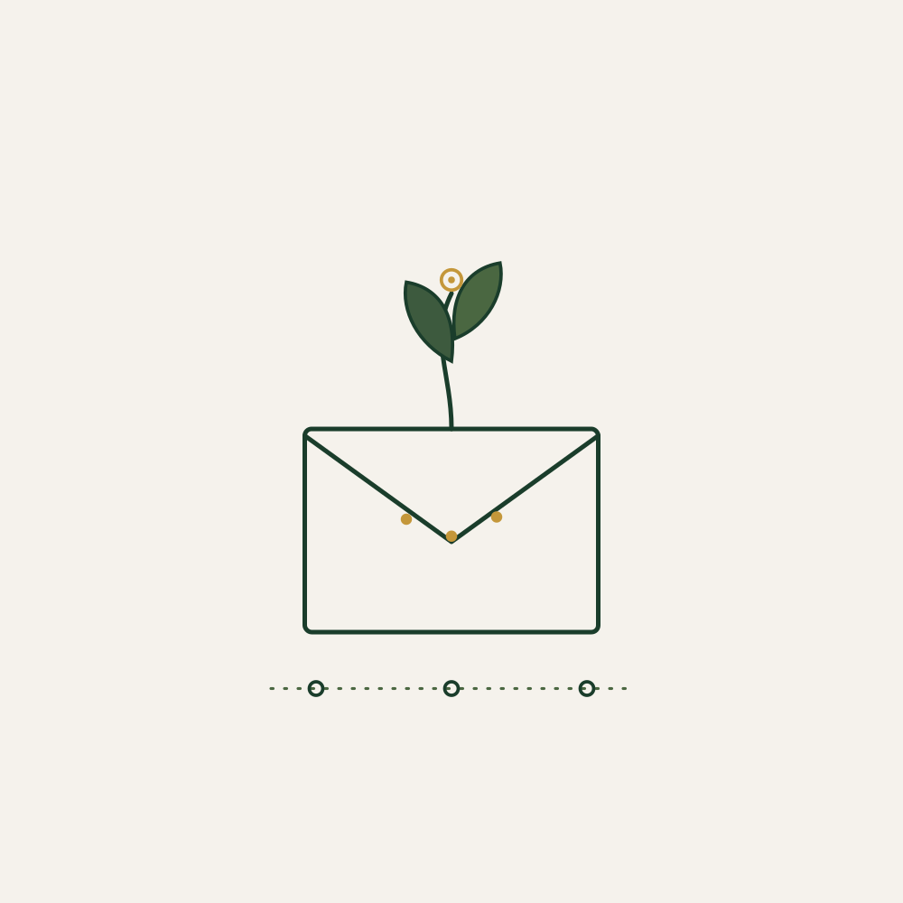 A minimalist line drawing of an envelope with a sprout growing out of it.