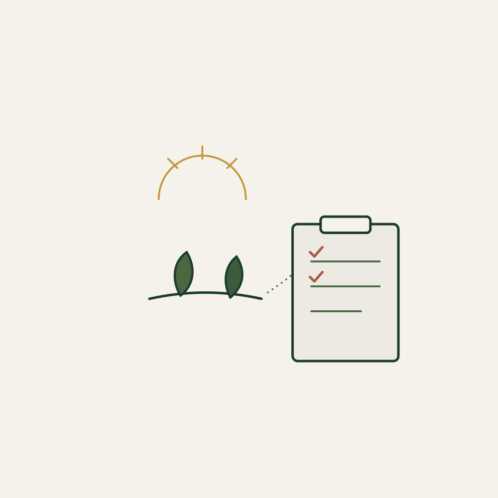 Minimalist illustration of a plant with two leaves, a dotted line pointing to a clipboard with checkmarks, and a semi-circular gauge at the top