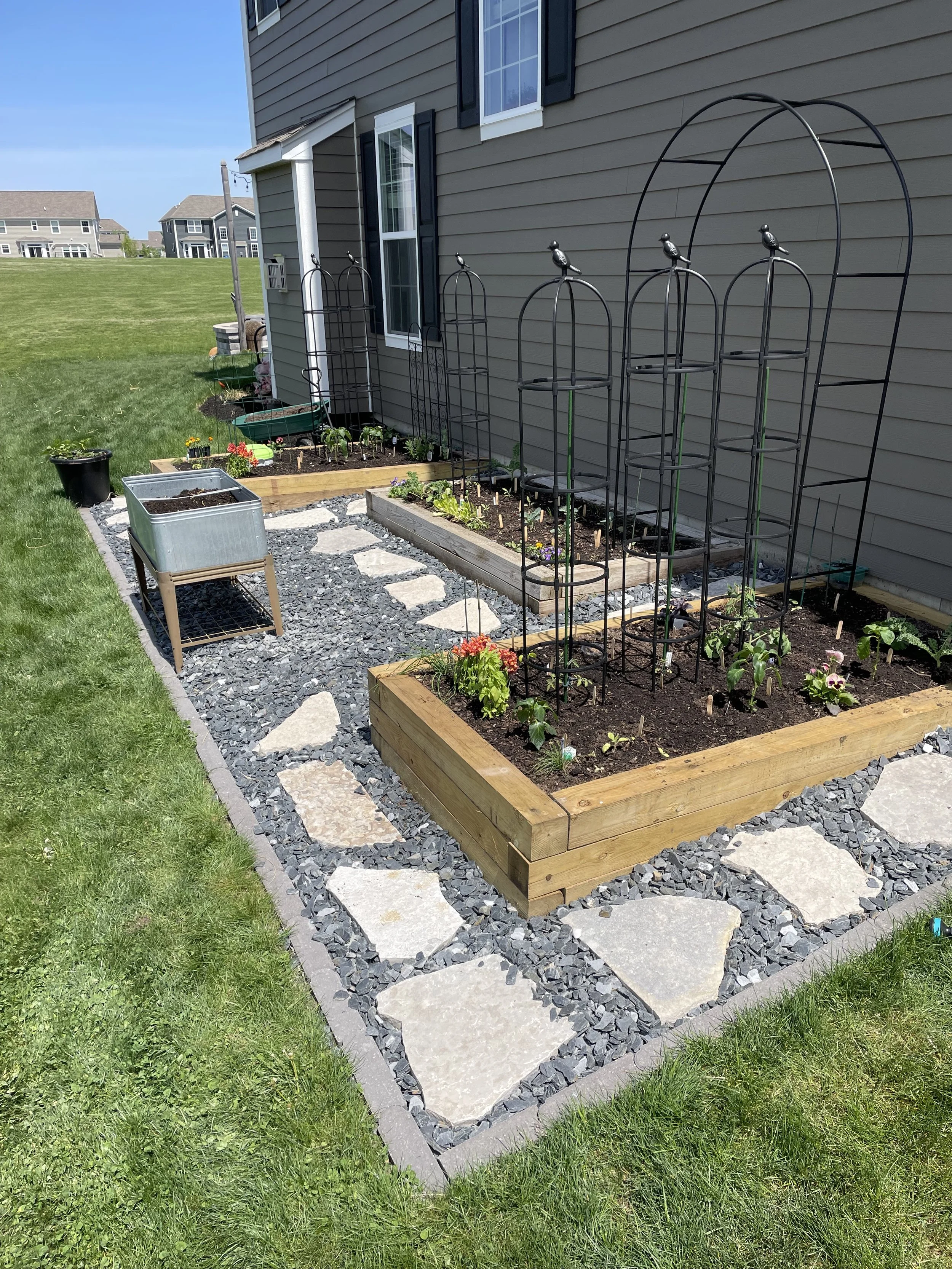 A backyard garden with flower beds and trellises next to a house with siding. Stone pathway and green grass surround the garden area.