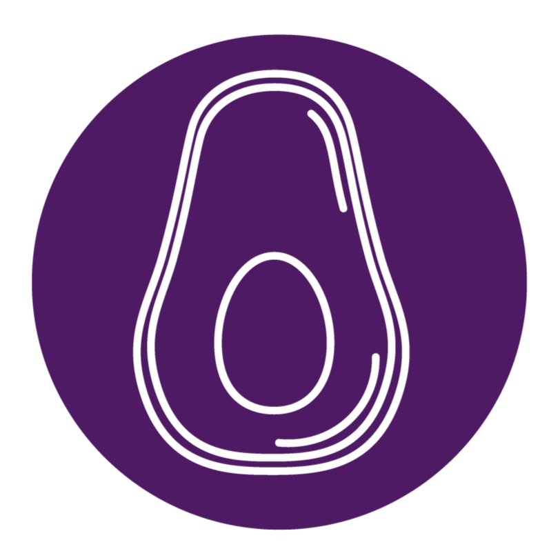 Line drawing of an avocado inside a purple circle.