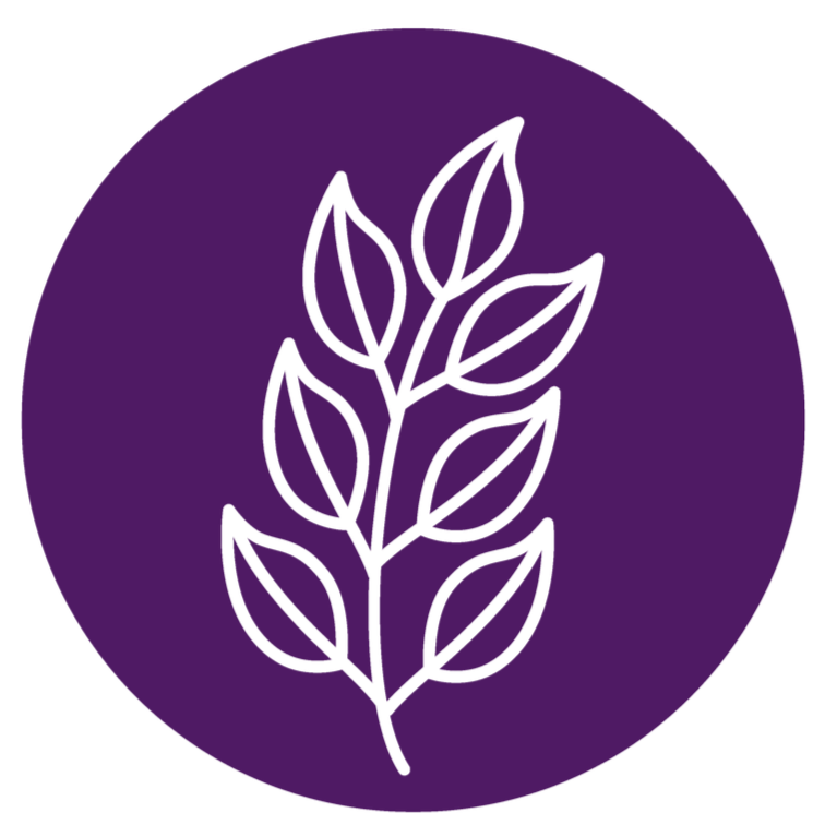 A minimalist illustration of a leaf branch with multiple leaves, depicted with a black outline inside a purple circle.