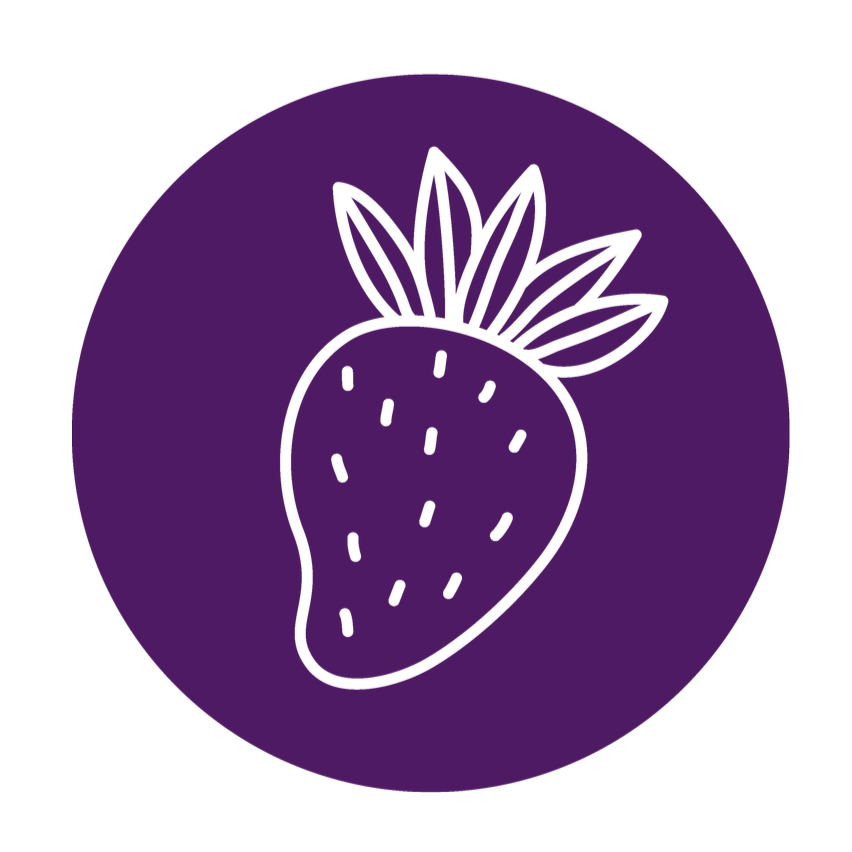 Line drawing of a strawberry with leaves on a purple circular background.