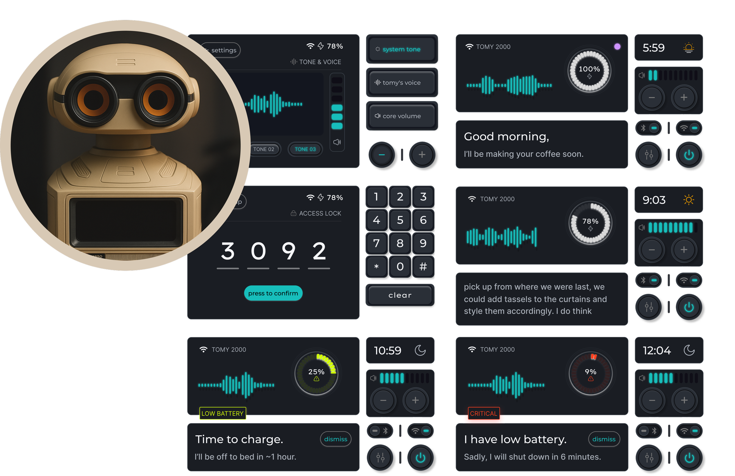 A collection of digital display interfaces and controls, featuring a robot with large orange and black eyes in the foreground, and various screens showing audio waveforms, time, battery status, and voice command options in the background.