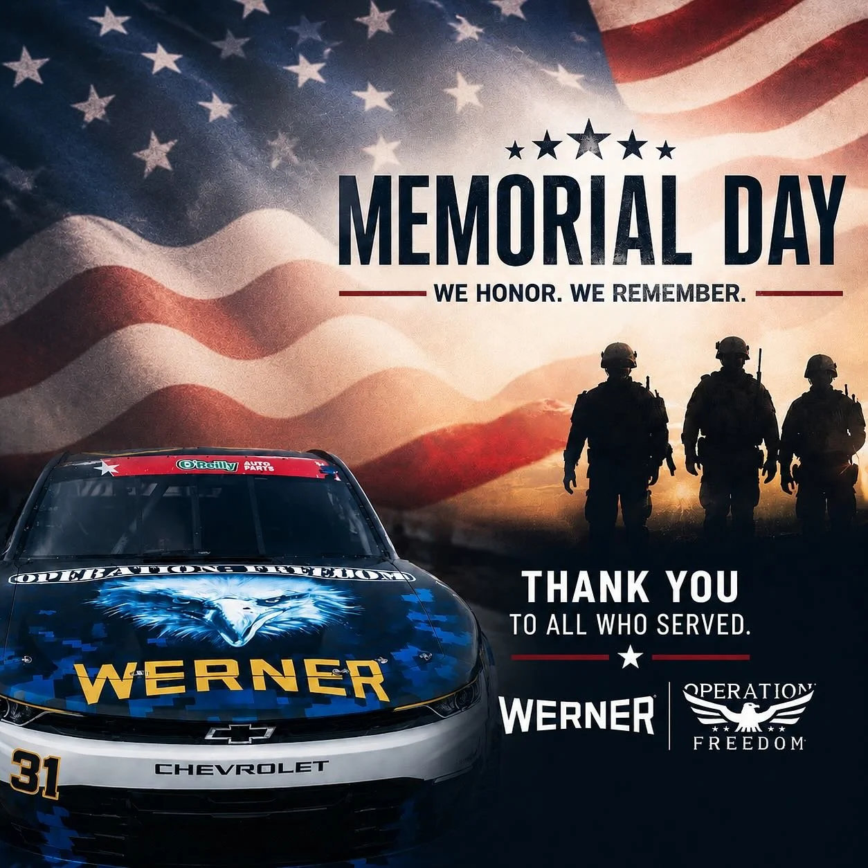 This Memorial Day, we honor the heroes who made the ultimate sacrifice for our freedom. 🇺🇸🏁

Proud to represent Werner Enterprises and Operation Freedom as we remember, honor, and thank those who served our country.

#MemorialDay #OperationFreedom