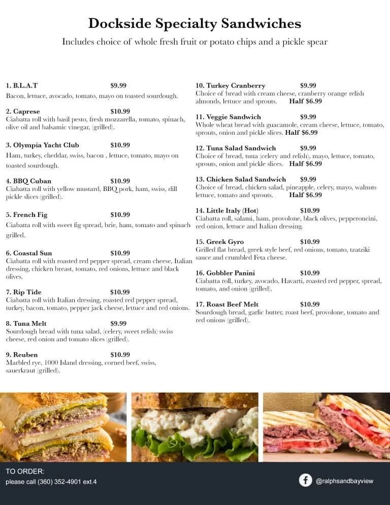 Menu listing various sandwiches with their prices and ingredients, photos of sandwiches at the bottom.