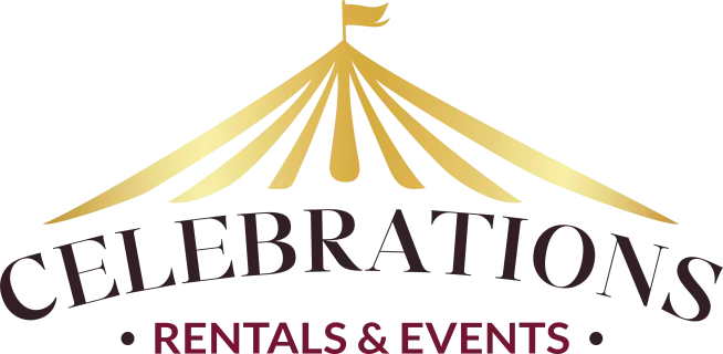Circus tent with the words 'Celebration Rentals & Events' written below it.
