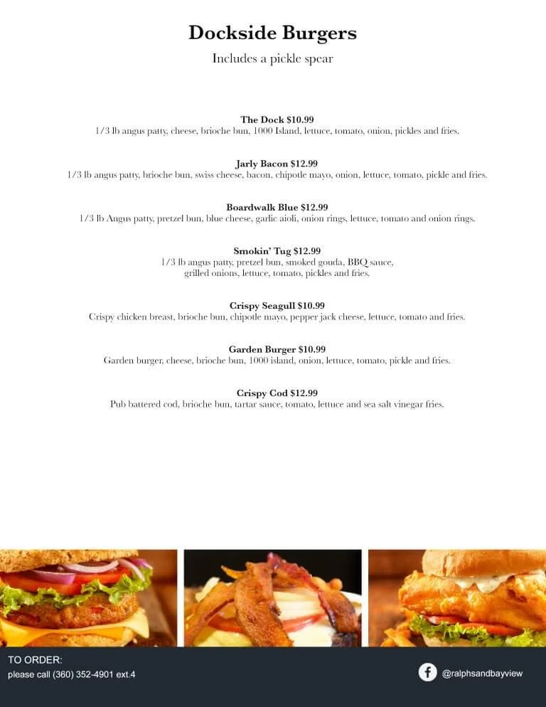 Menu of Dockside Burgers, featuring various burger options with ingredients, and three burger images at the bottom of the menu.