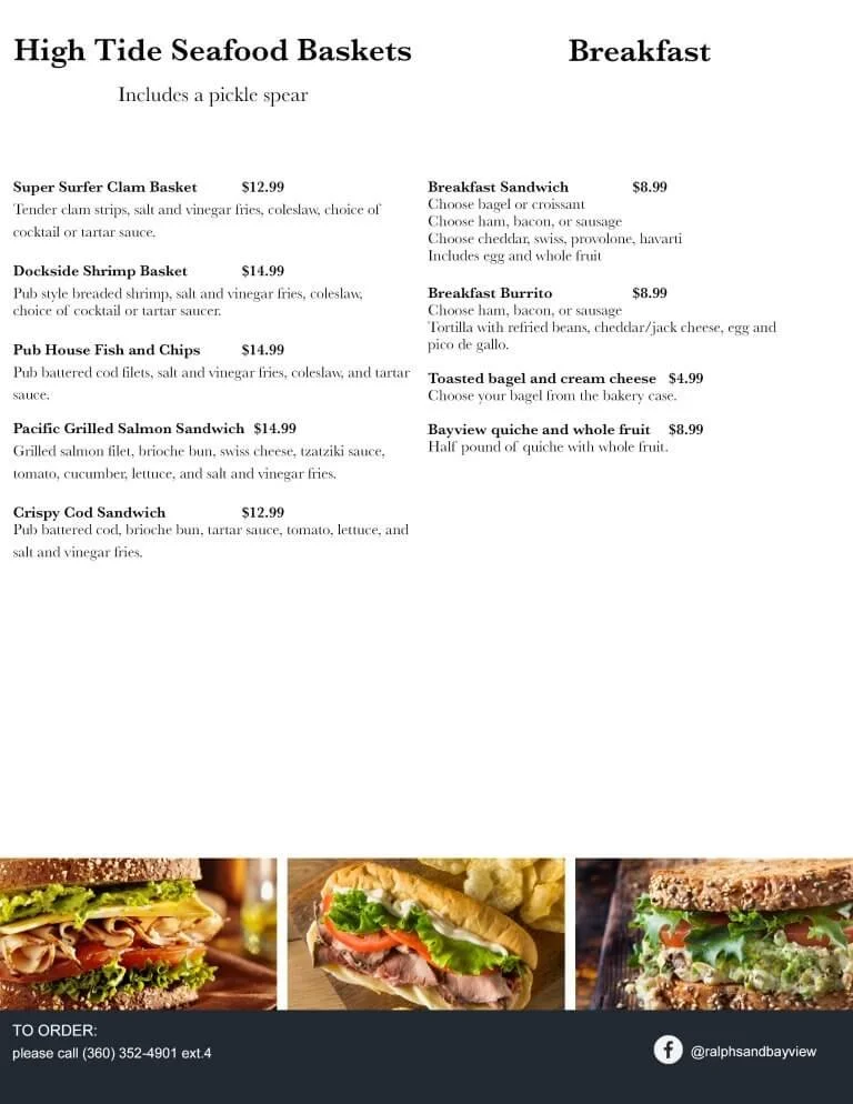 Menu of high tide seafood baskets and breakfast options with additional photos of sandwiches at the bottom.