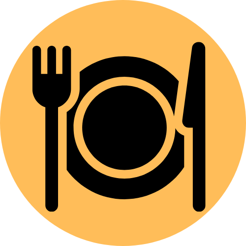 Icon of a fork, plate, and knife on an orange circular background