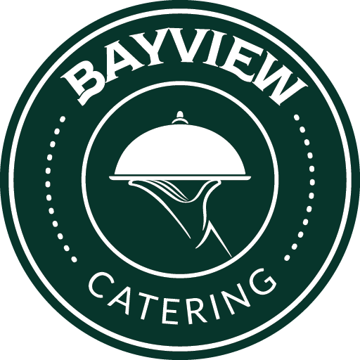 Green circular logo for Bayview Catering with a hand holding a covered serving platter.