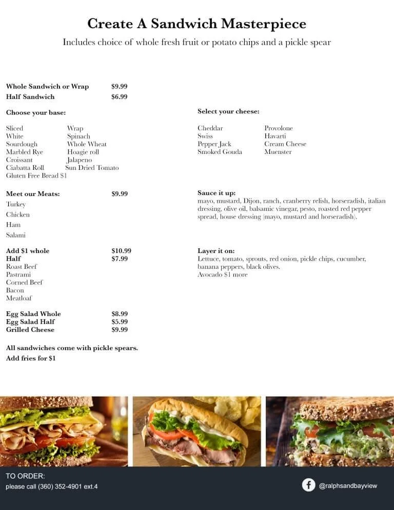 Menu titled 'Create A Sandwich Masterpiece' with prices, cheese options, meat options, sauces, and toppings, and images of sandwiches at the bottom.
