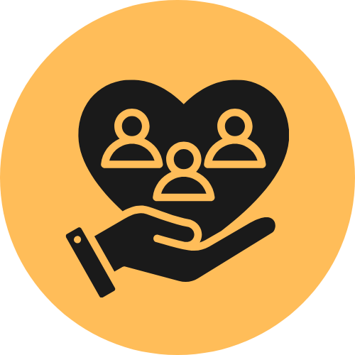 Icon of a hand holding a heart with three person symbols inside it.