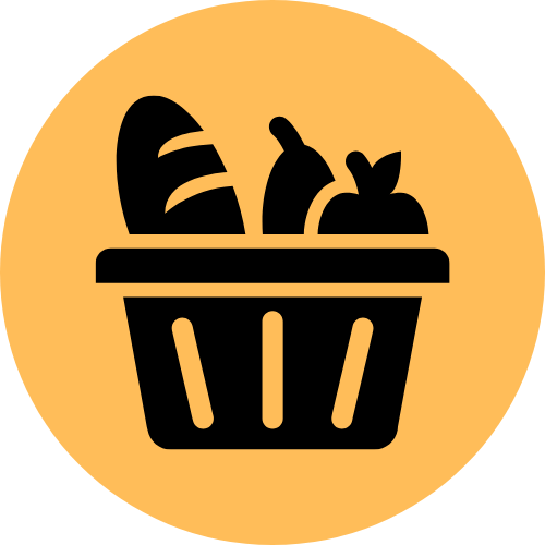 Icon of a shopping basket filled with groceries such as bread, a bottle, and a vegetable.