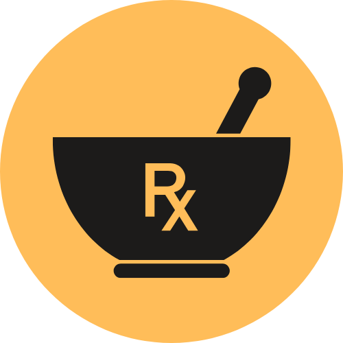 A black pharmacy mortar and pestle with a yellow background, featuring a large 'Rx' symbol in the center.