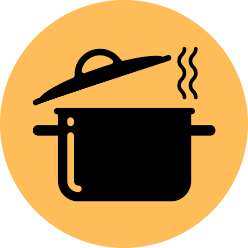 Icon of a cooking pot with steam rising and a lid slightly open