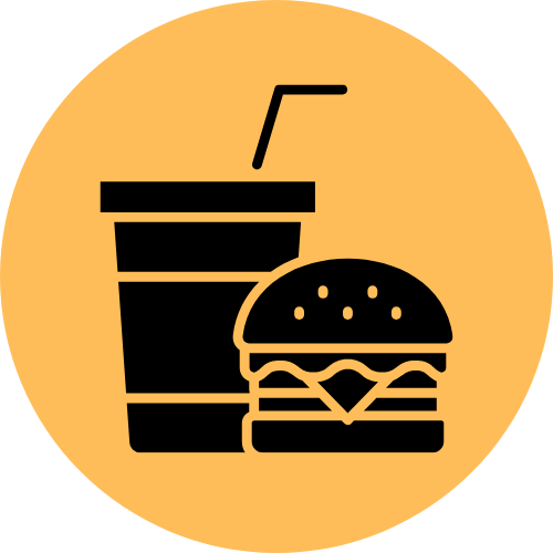 Icon of a soft drink with a straw and a cheeseburger
