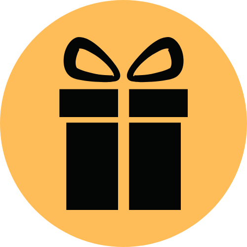 Icon of a gift box with a bow inside an orange circle.