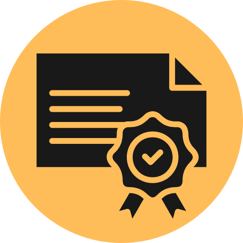 Icon of a document with a certificate badge and check mark on a circular orange background.