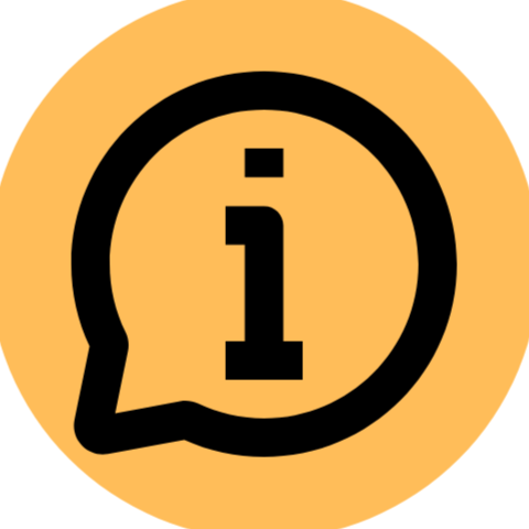 Information icon inside a black speech bubble on an orange circular background.