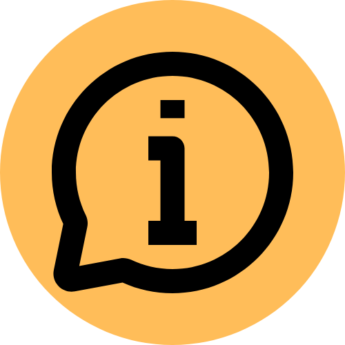 Information icon inside a speech bubble with a yellow background.
