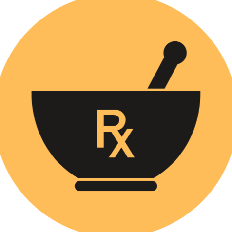 A black mortar and pestle with a pharmacy prescription symbol on it against an orange background.
