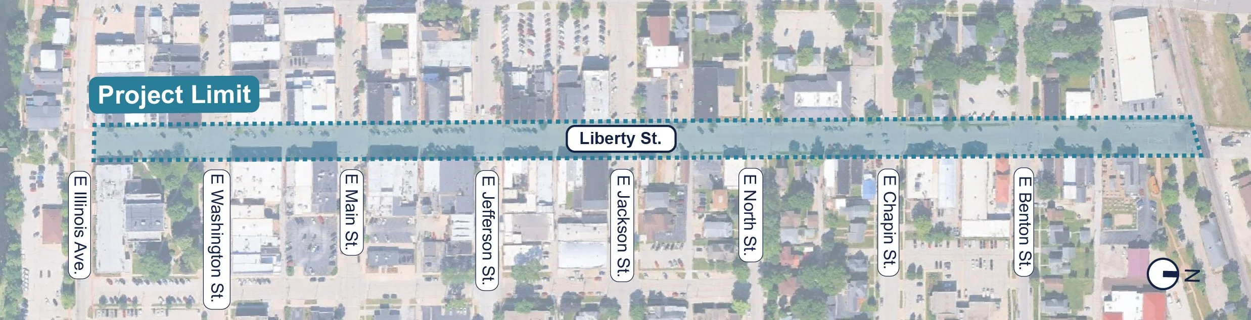 Map of a city block highlighting a construction project limit along Liberty Street from Illinois Avenue to Benton Street, with street names labeled and a north arrow at the bottom right corner.