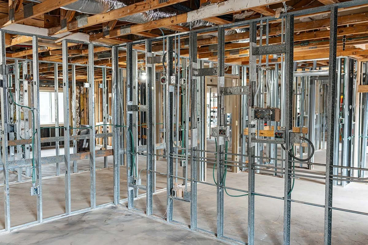 Exposed electrical wiring and metal framing during renovation at Anson Health & Rehabilitation