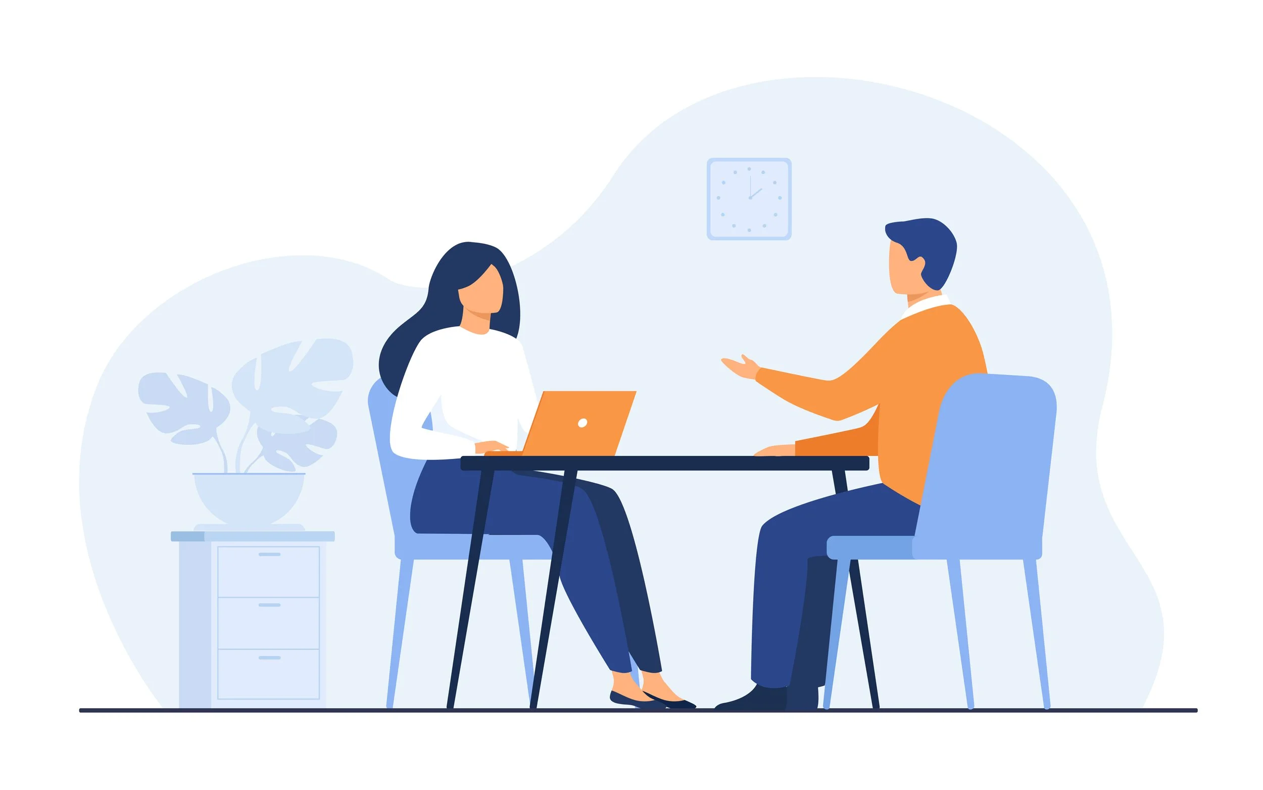 Illustration of two people in an office setting having a discussion. One person is sitting with a laptop, and the other is gesturing with their hand. There is a potted plant on a small table and a wall clock in the background.