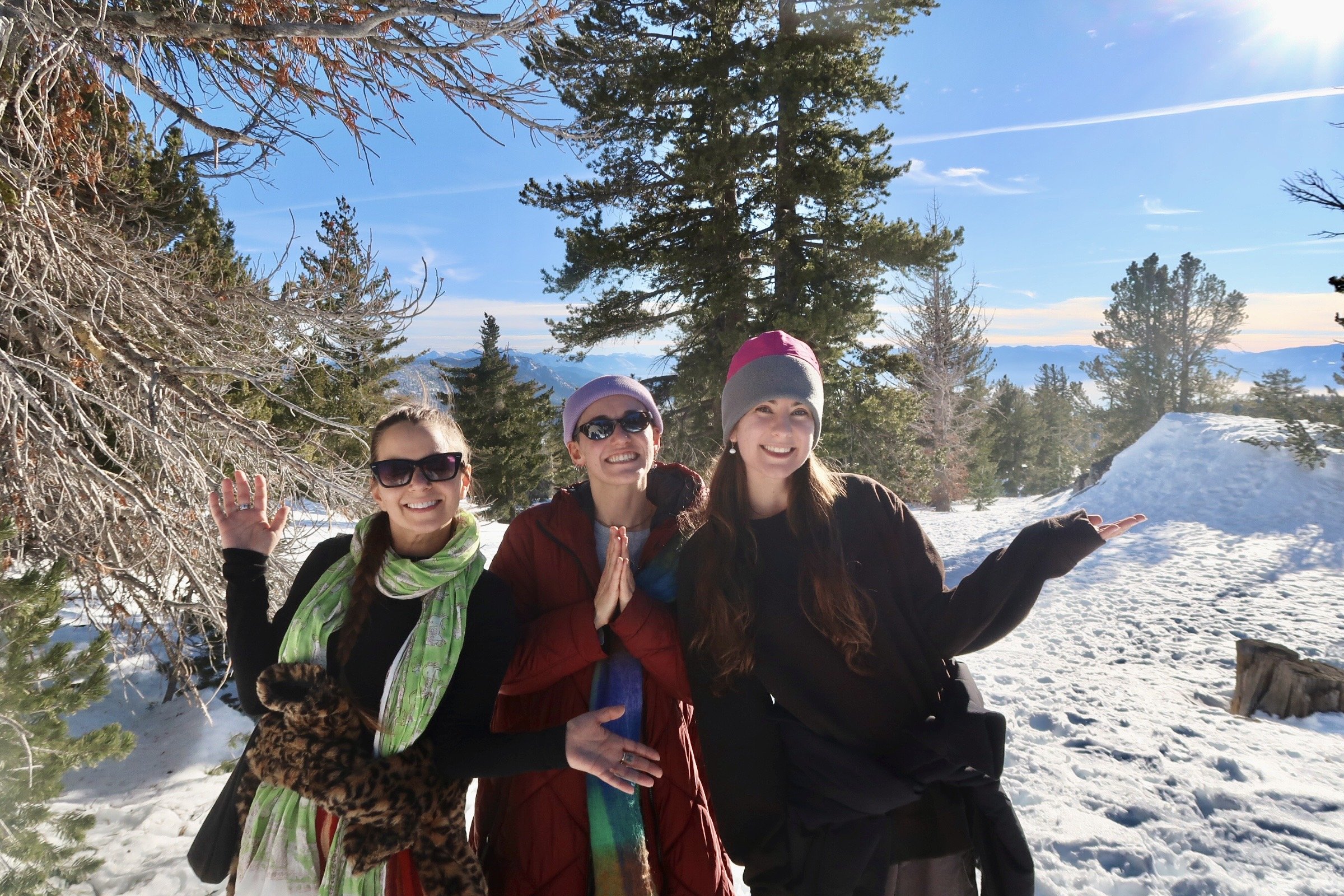 Three smiling women in winter clothing standing outdoors in snowy terrain with trees and mountains in the background, enjoying a sunny day.