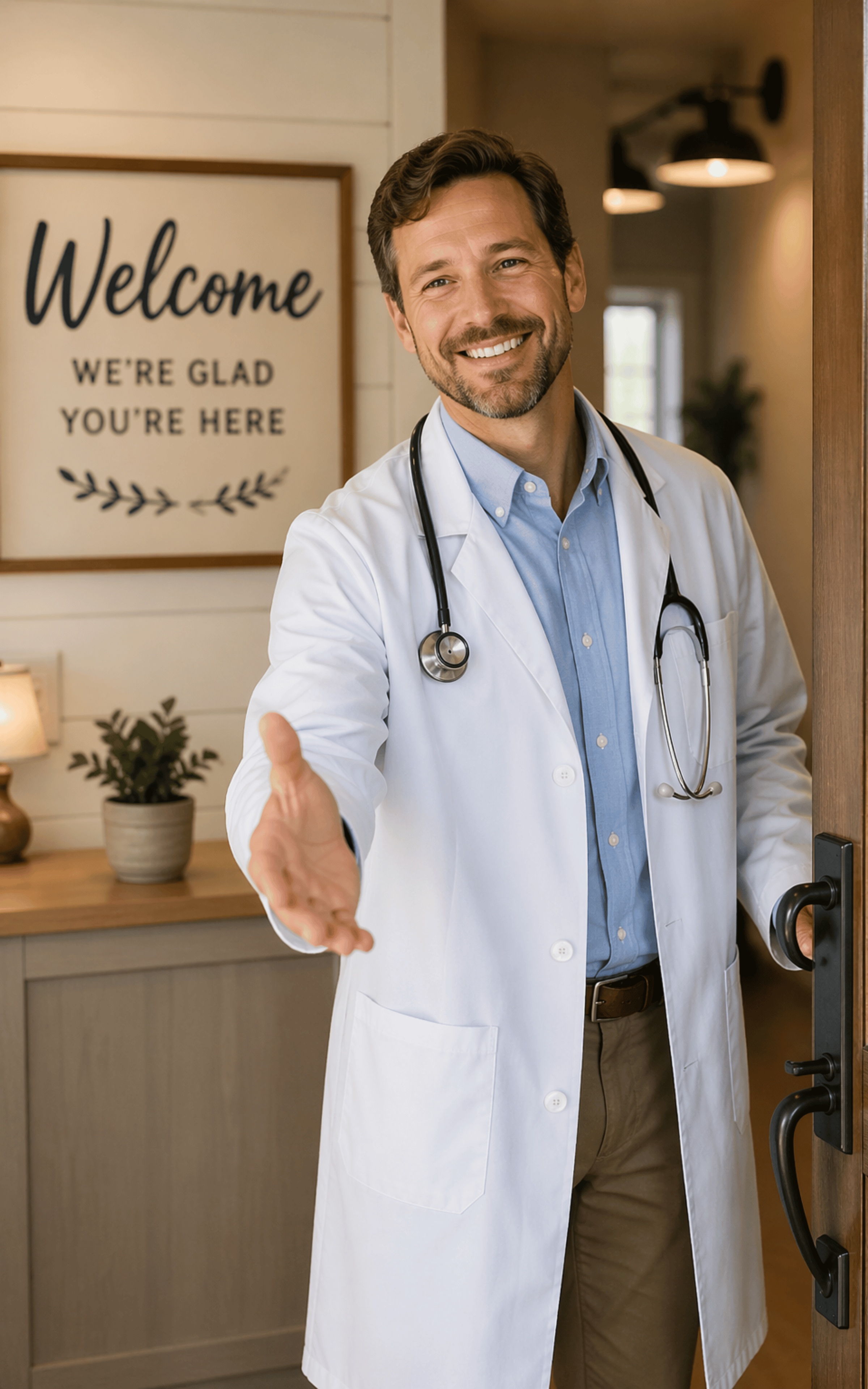 Image of a friendly male doctor with a welcoming hand outreached