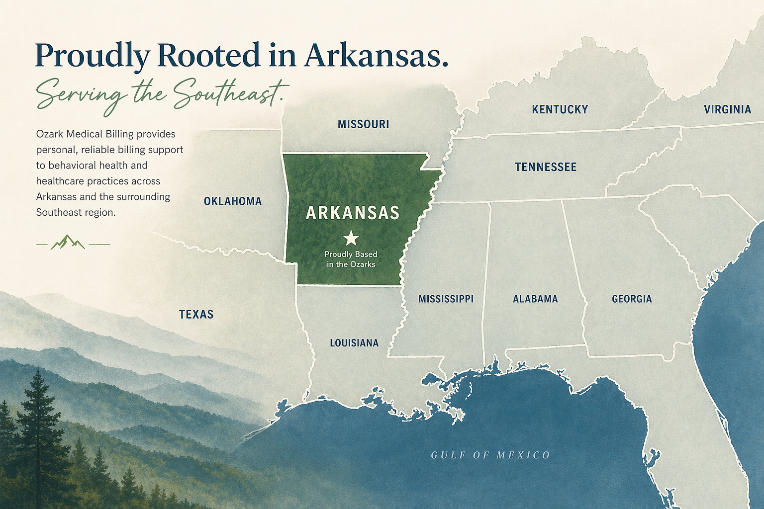 Map of the Southeast US with a focus on the Ozarks of Arkansas