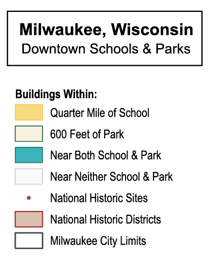 Legend for the community analysis map of downtown Milwaukee, Wisconsin, showing school and park locations with color codes and labels for different areas and historic sites.