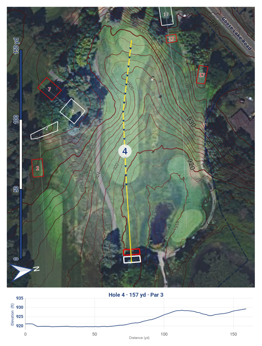 A topographic map of a golf hole, marked as Hole 4, measuring 157 yards with a par 3. The map shows the hole layout over satellite imagery, with contour lines indicating elevation, and features such as trees, water hazards, and the fairway. An elevat