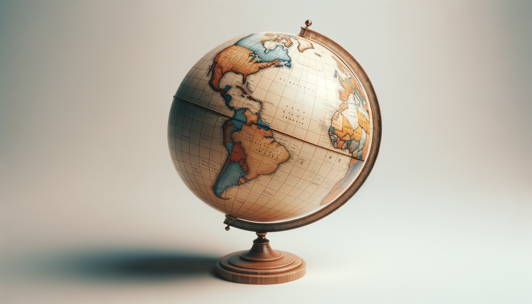 A vintage-style globe on a wooden stand showing North and South America, Africa, and parts of Europe and Asia with muted colors.