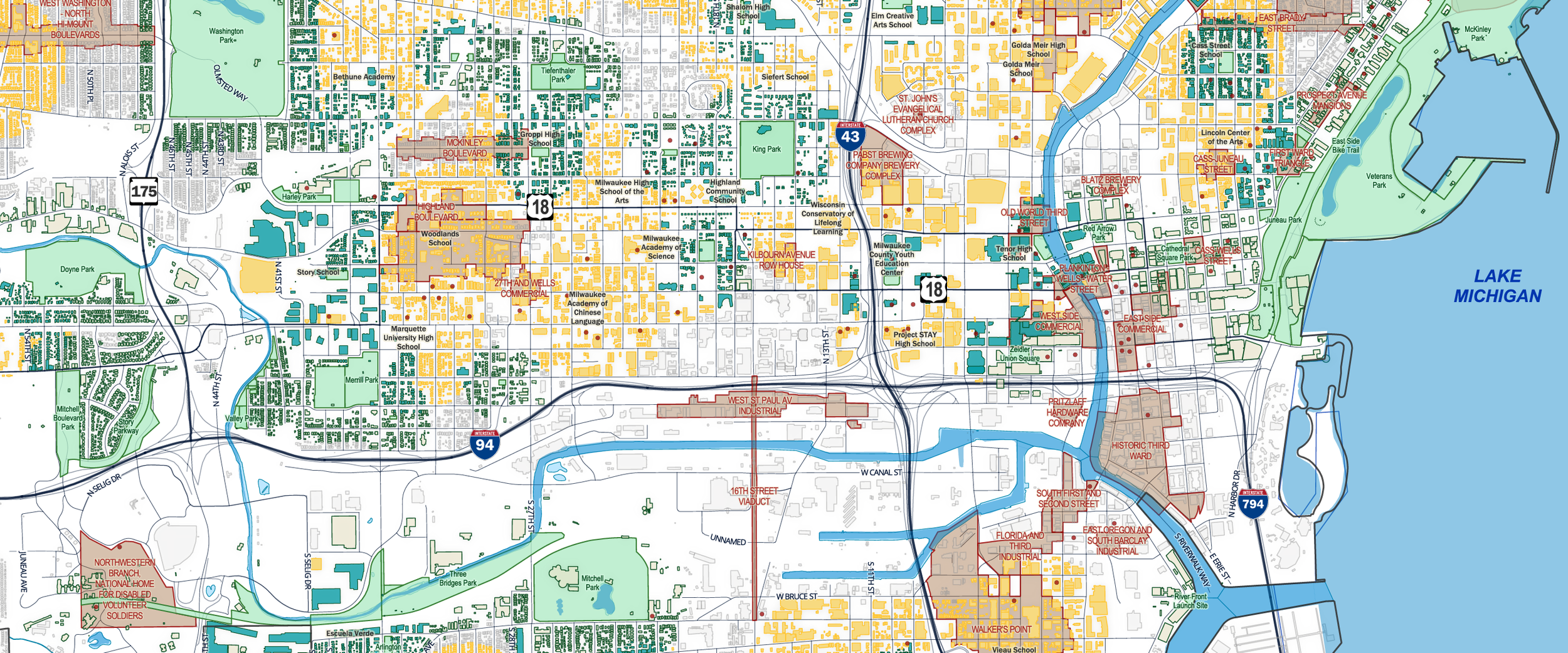 Map of Milwaukee, Wisconsin showing proximity to schools and parks, and Lake Michigan to the east.