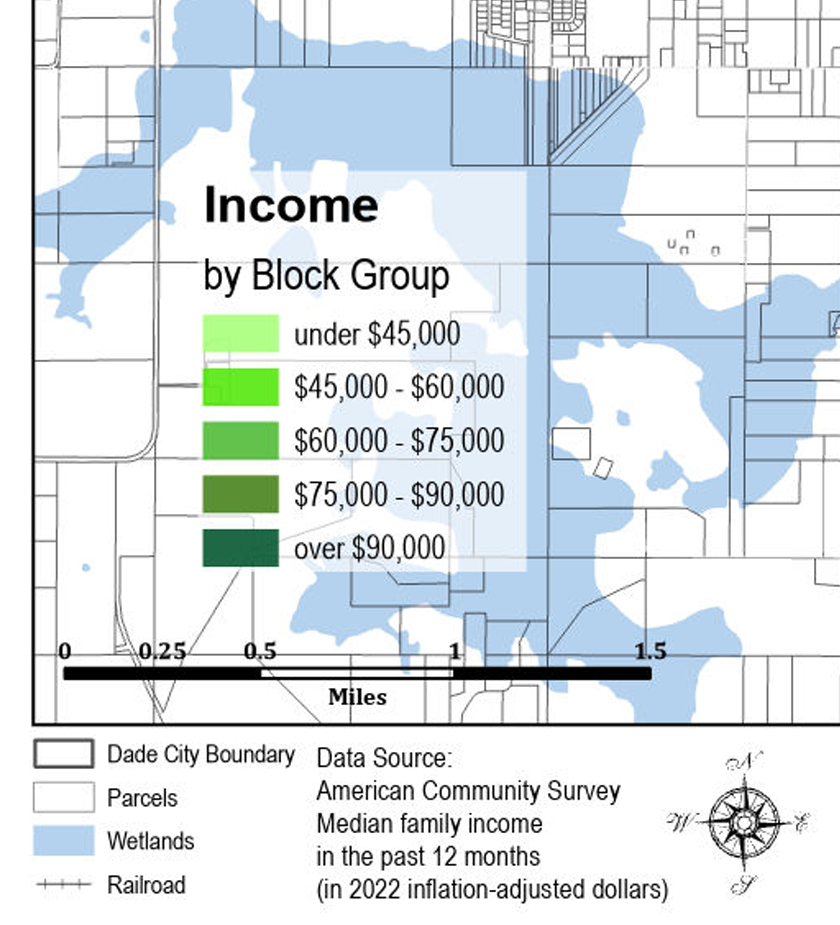 Map showing median family income in Dade City, categorized by block groups with color codes from under $45,000 to over $90,000, overlaid on a street map with wetlands, parcels, and a railroad.