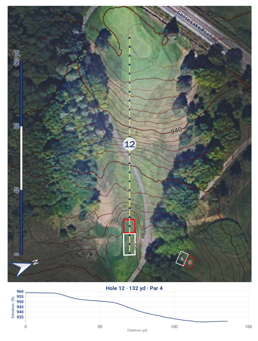 A topographic map of a golf hole with satellite imagery background, showing the layout of Hole 12, which is 132 yards and a par 4. The map includes contour lines indicating elevation, a yellow dashed line marking the golf shot path, and a hole marker